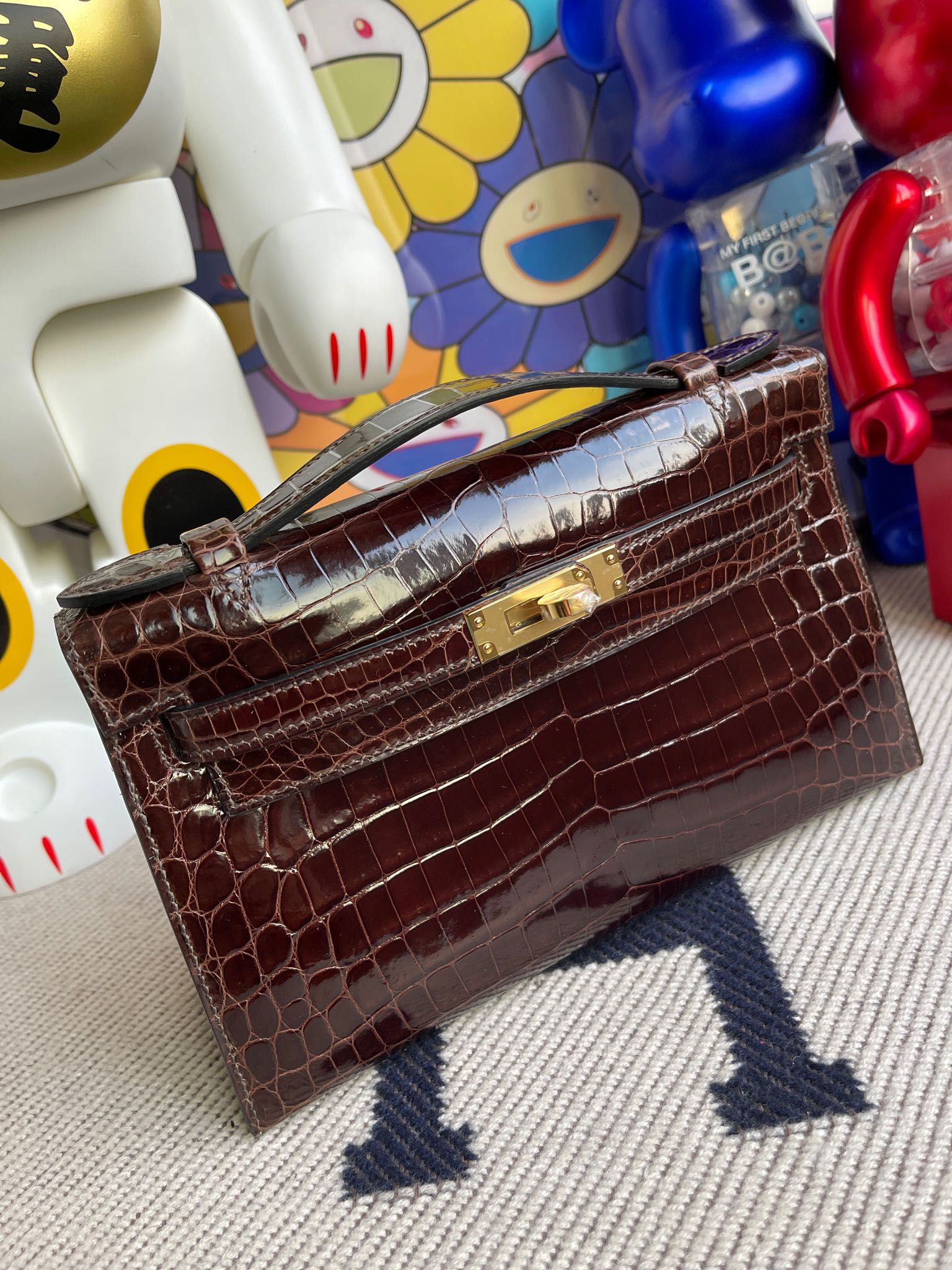 에르메스 켈리22 포쉐트 브라운 금장 샤이니 악어가죽